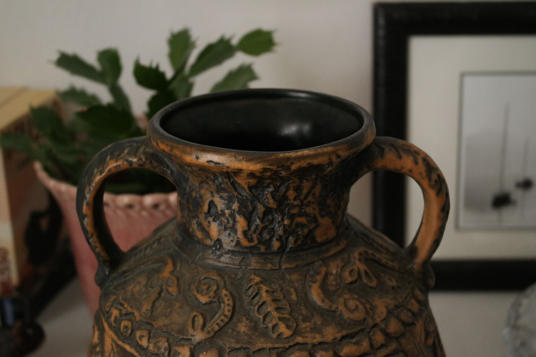 Vintage jasba vase jug with bas-reliefs of fantastic animals.
