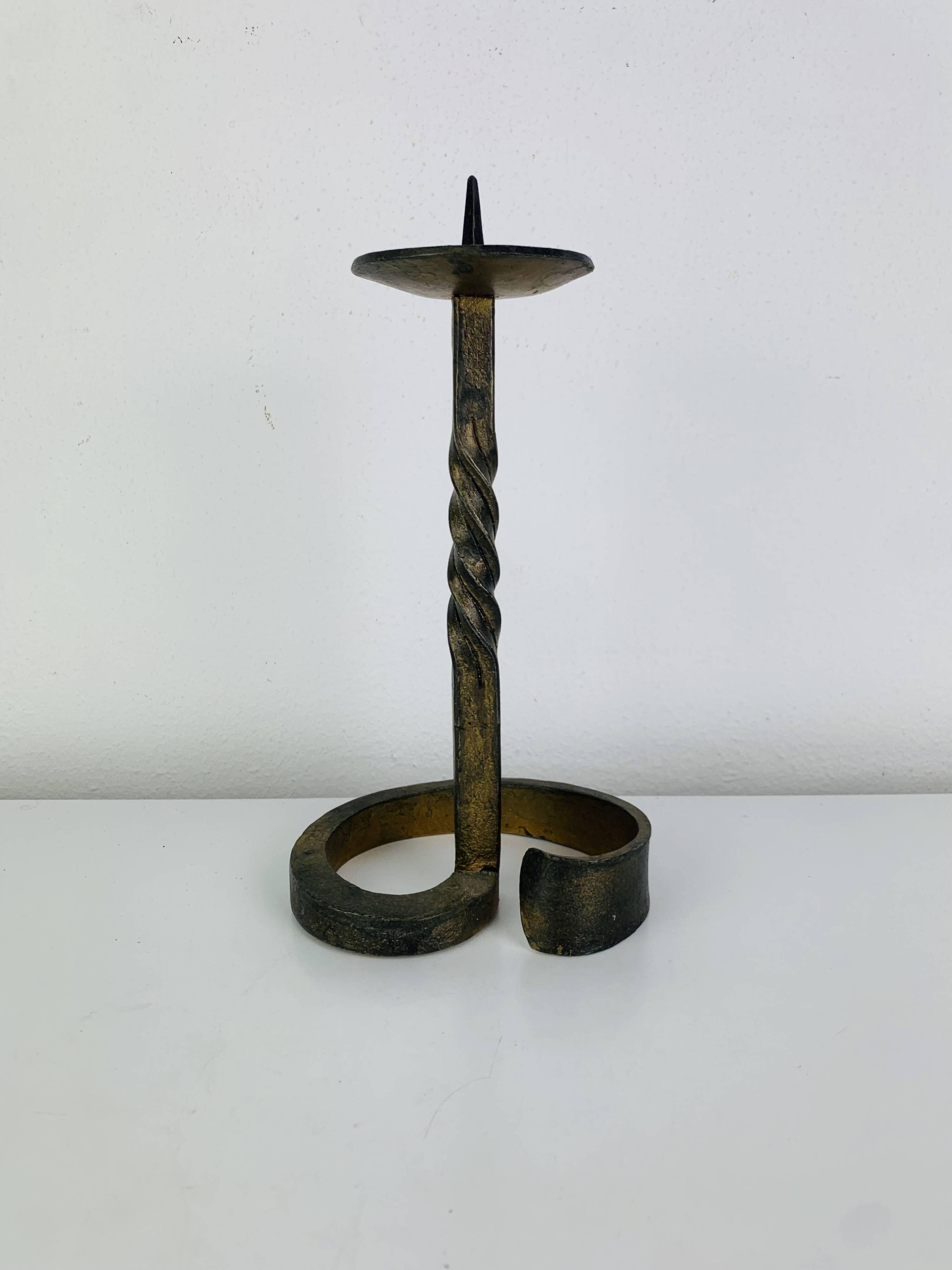 Brutalist candle holder, wrought iron with a golden patina.