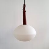 Teak and opaline glass pendant lamp by Uno and Östen Kristiansson for Luxus, Sweden 1950's
