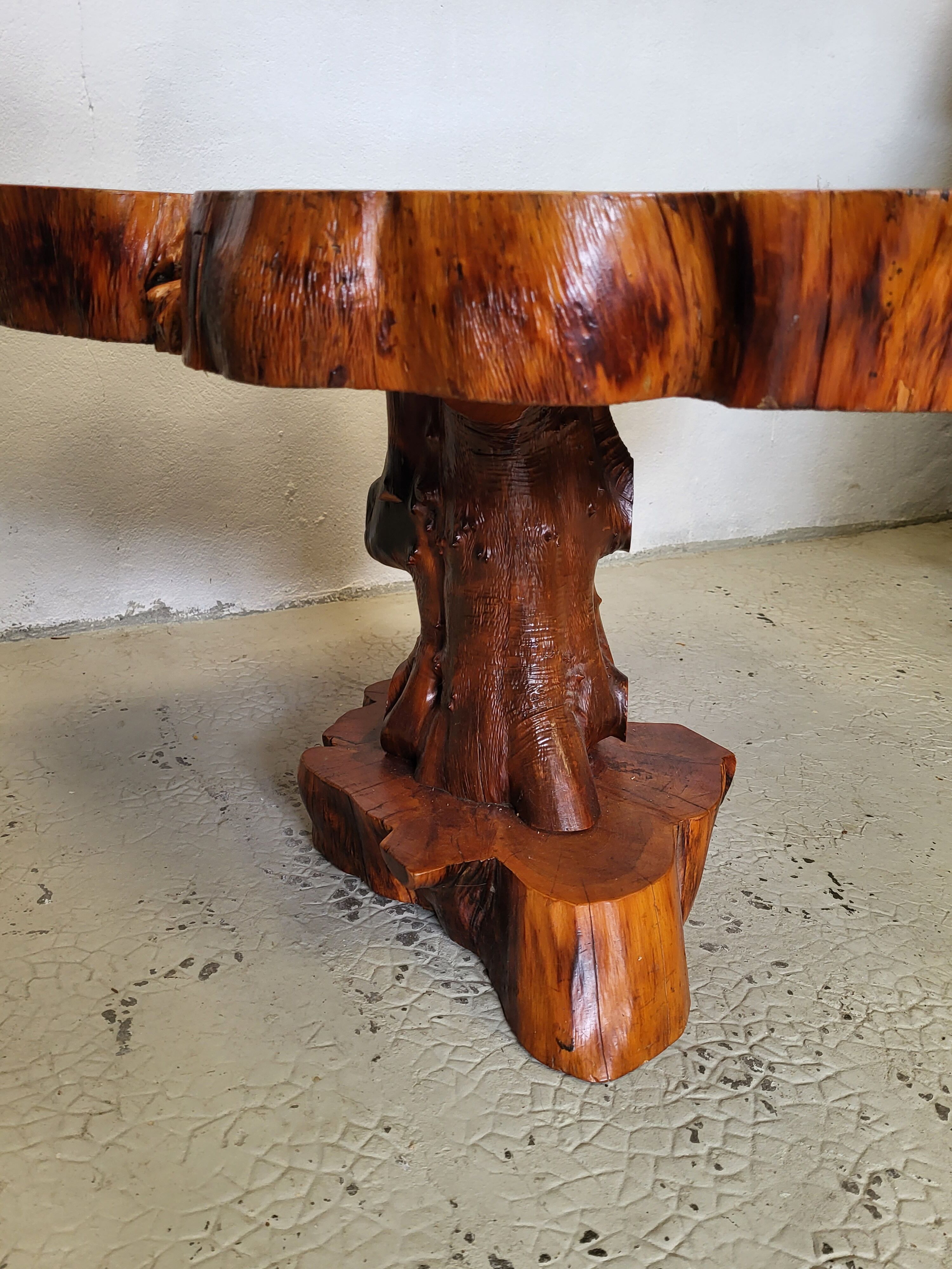 Brutalist table trunk old elm magnifying glass