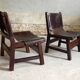 Pair of brutalist armchairs in wood and leather, 1970