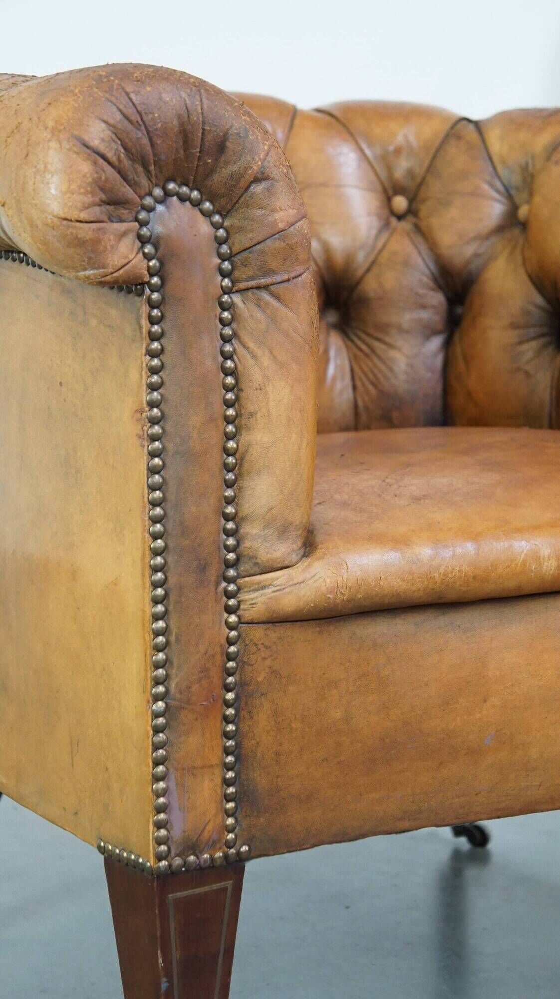 Antique, characteristic sheepskin chesterfield club chair on wheels