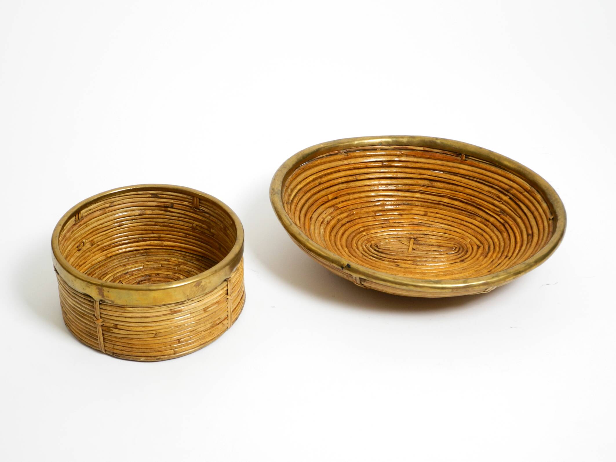 A pair of beautiful Italian Mid Century Modern bamboo bowls with brass rims