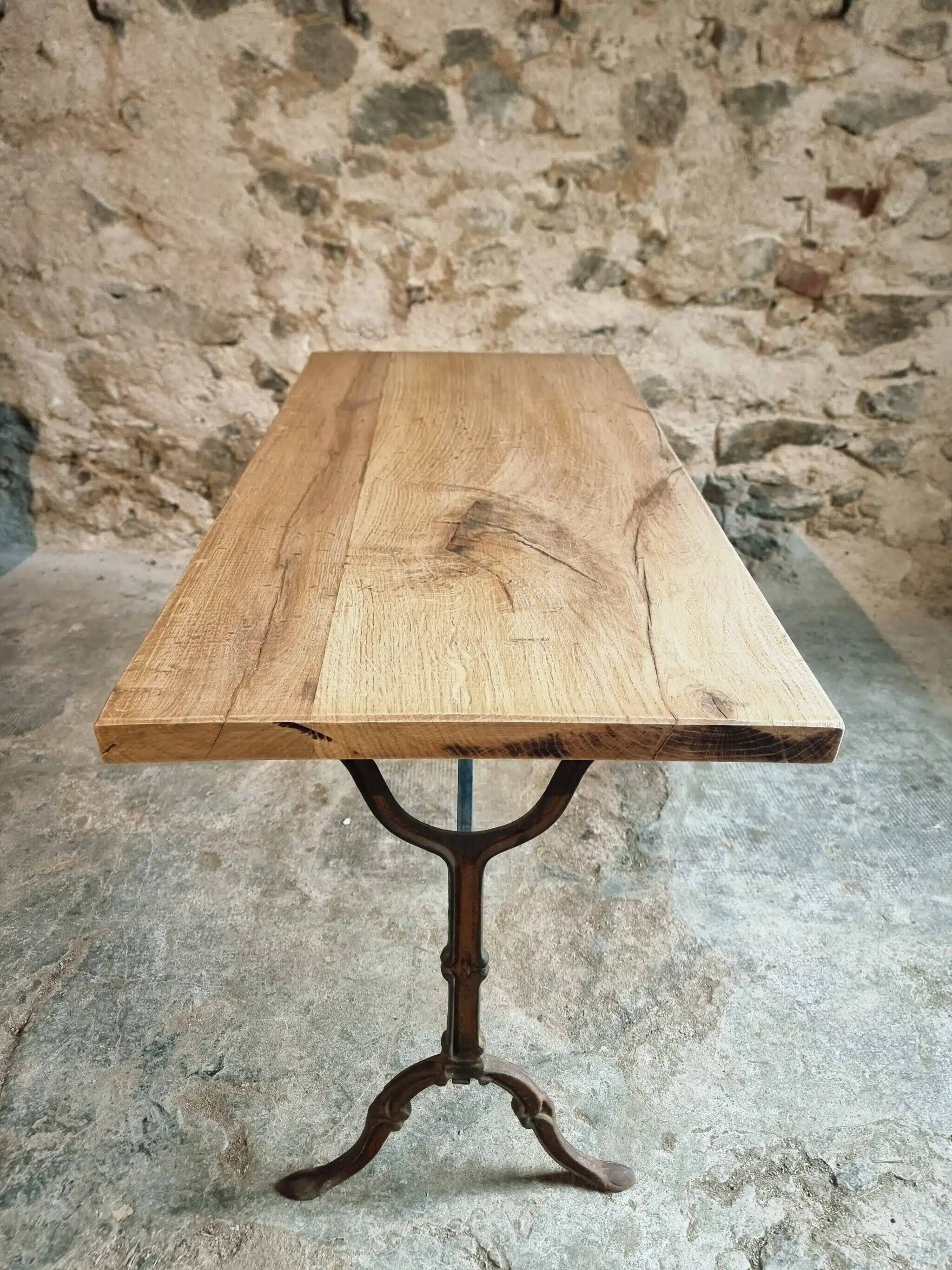Vintage French bistro table - 1960s/70s cast iron base with solid oak top - retro coffee or wine table