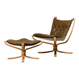 Sigurd Ressell Falcon Chair with Ottoman in brown leather for Vatne Møbler