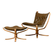 Sigurd Ressell Falcon Chair with Ottoman in brown leather for Vatne Møbler