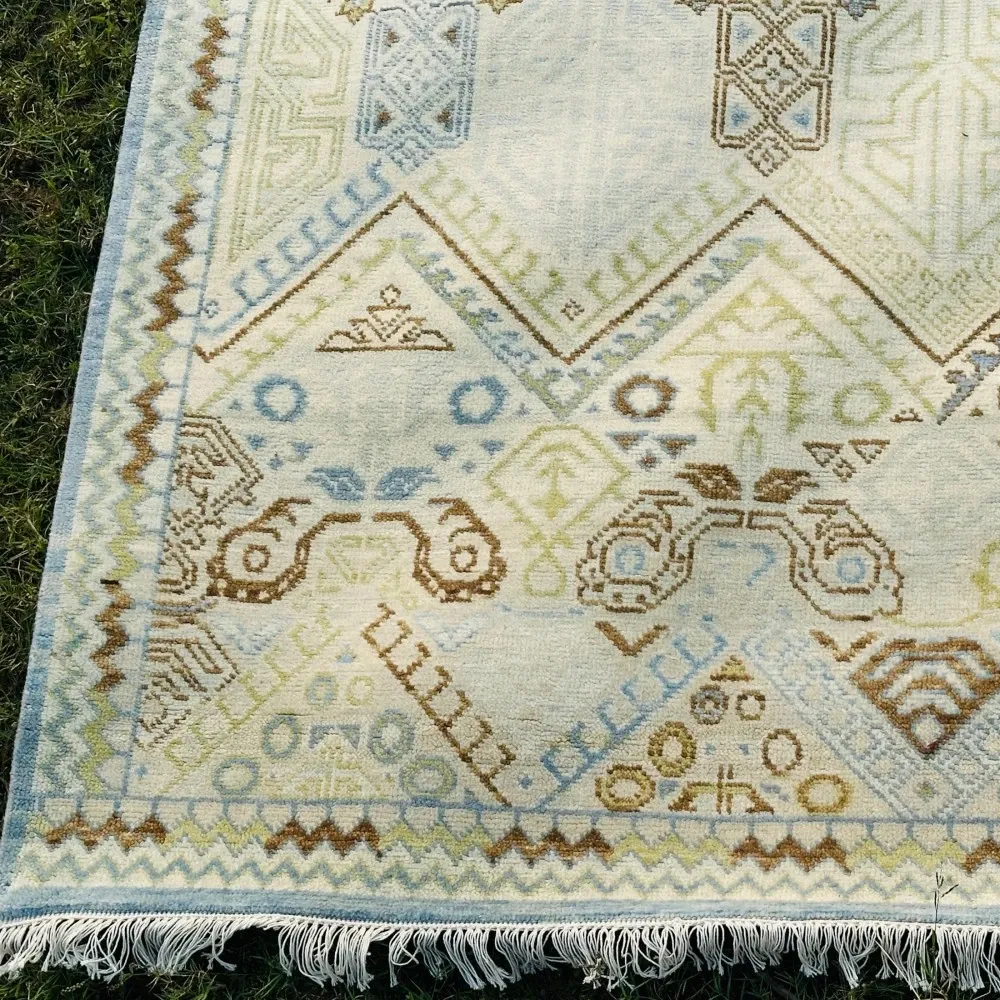 Decorative Oushak Wool Area Rug with Geometric Design. Hand-knotted Beige Carpet