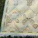 Decorative Oushak Wool Area Rug with Geometric Design. Hand-knotted Beige Carpet