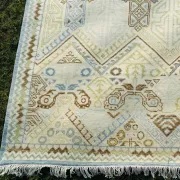 Decorative Oushak Wool Area Rug with Geometric Design. Hand-knotted Beige Carpet