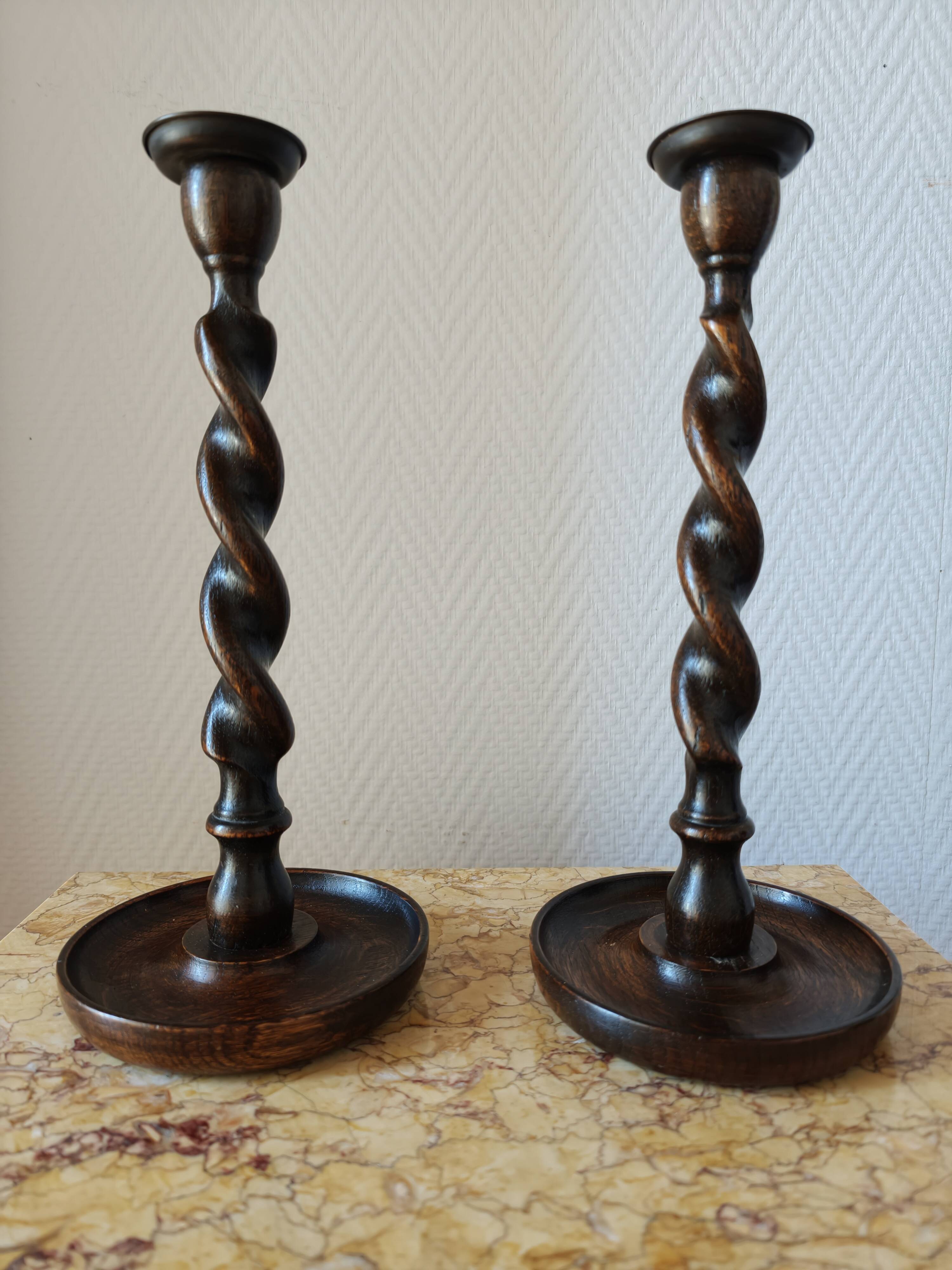 Pair of Barley Twist candlesticks in oak – English style, circa 1950
