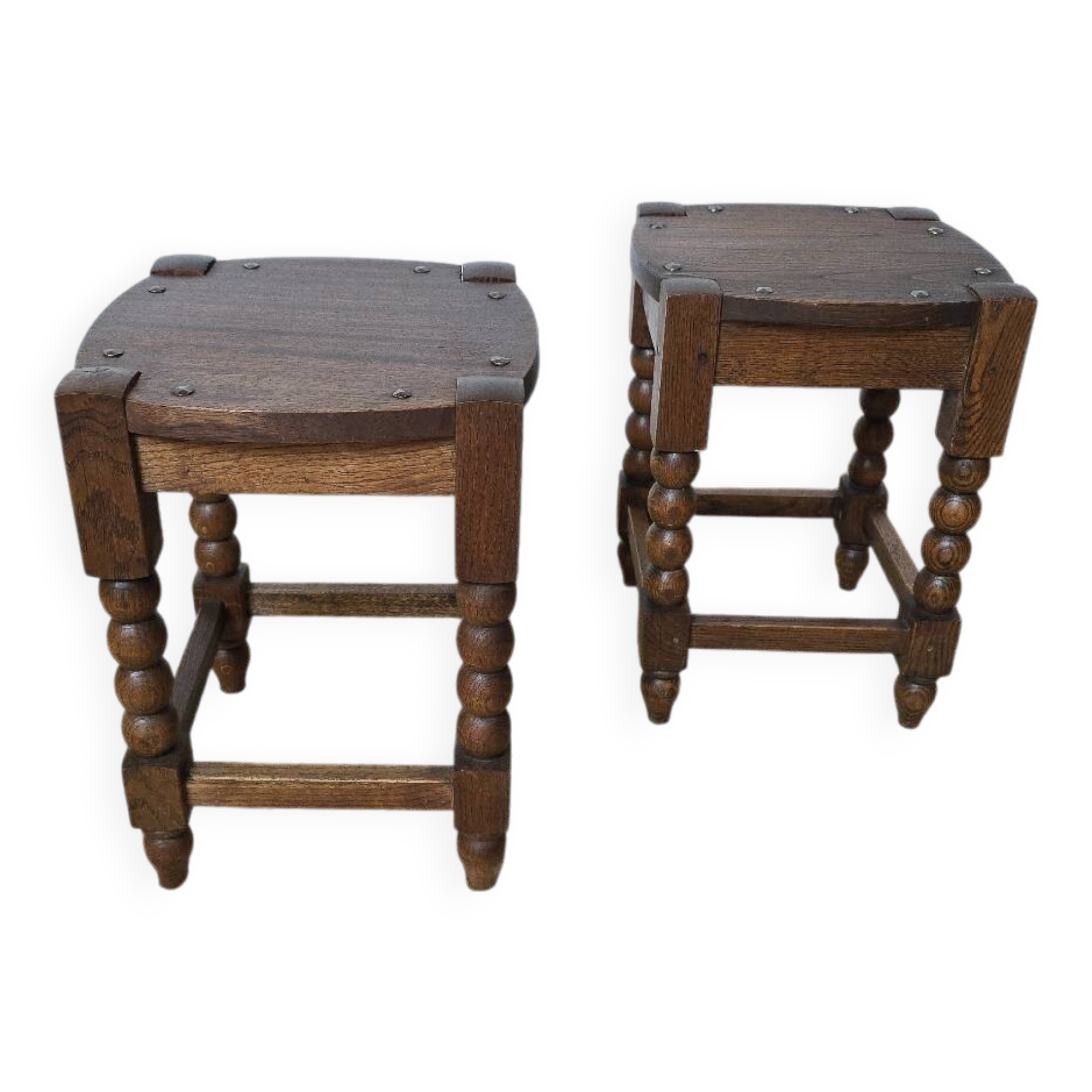 Pair of brutalist stools in turned wood, Charles Dudouyt style, 1950s