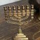 Chandelier, seven-branched menorah, in brass.
