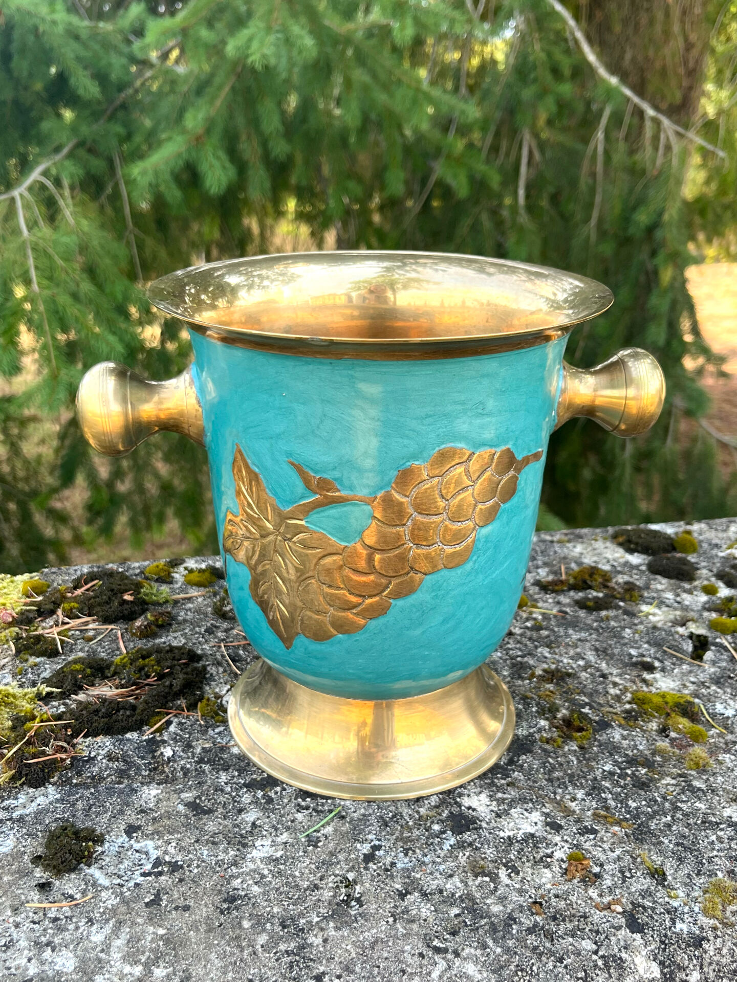 Vintage cloisonne brass champagne bucket with turquoise grape design