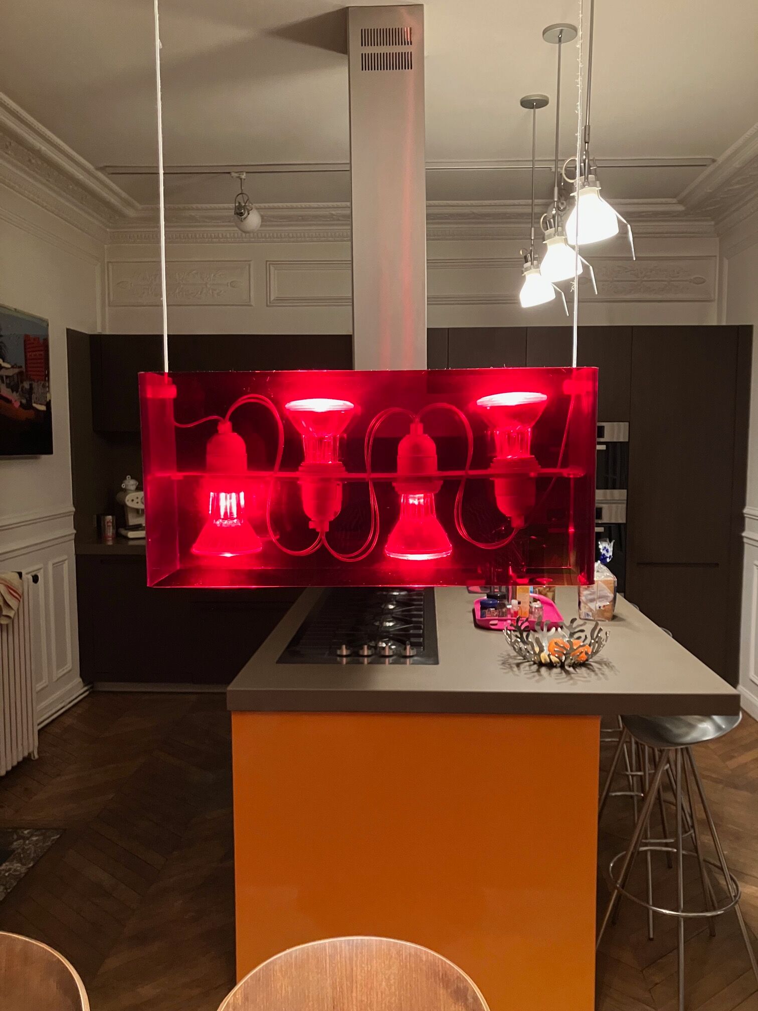 Duplex pendant lamp - Fontana Arte red plexiglass by Carlo Tamborini