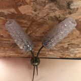 Ancienne Applique Double Laiton + Tulipes Verre Moulé Vintage