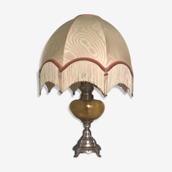Electrified kerosene lamp art-deco- regulated silver and tinted glass with its original lampshade