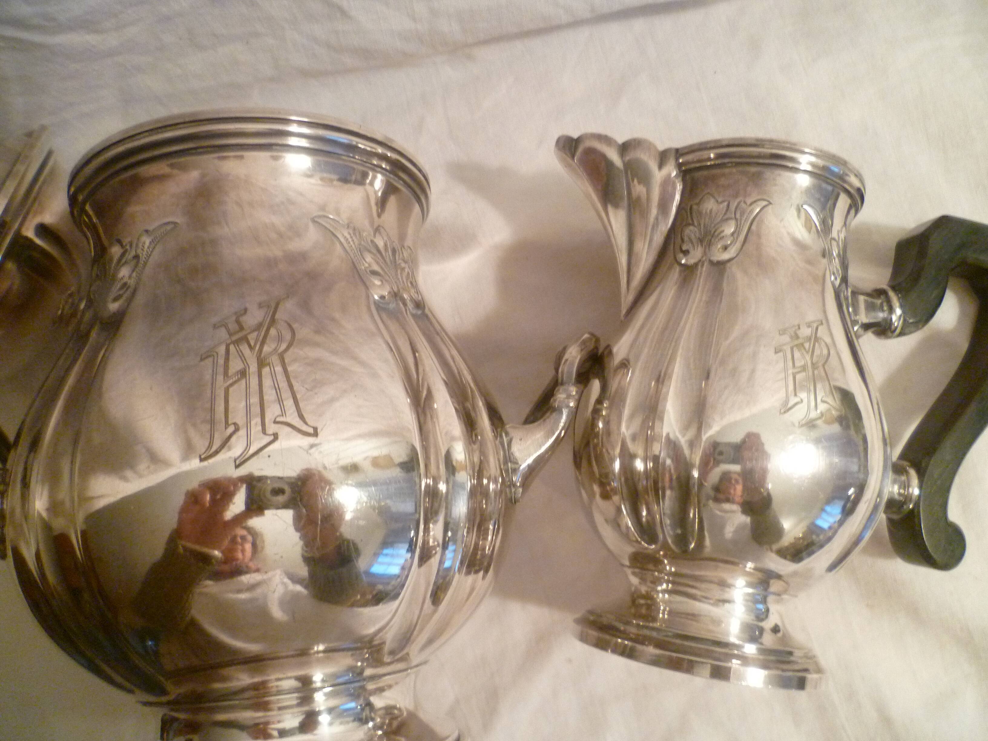 Sugar bowl & its milk pot with ebony handle in silver metal