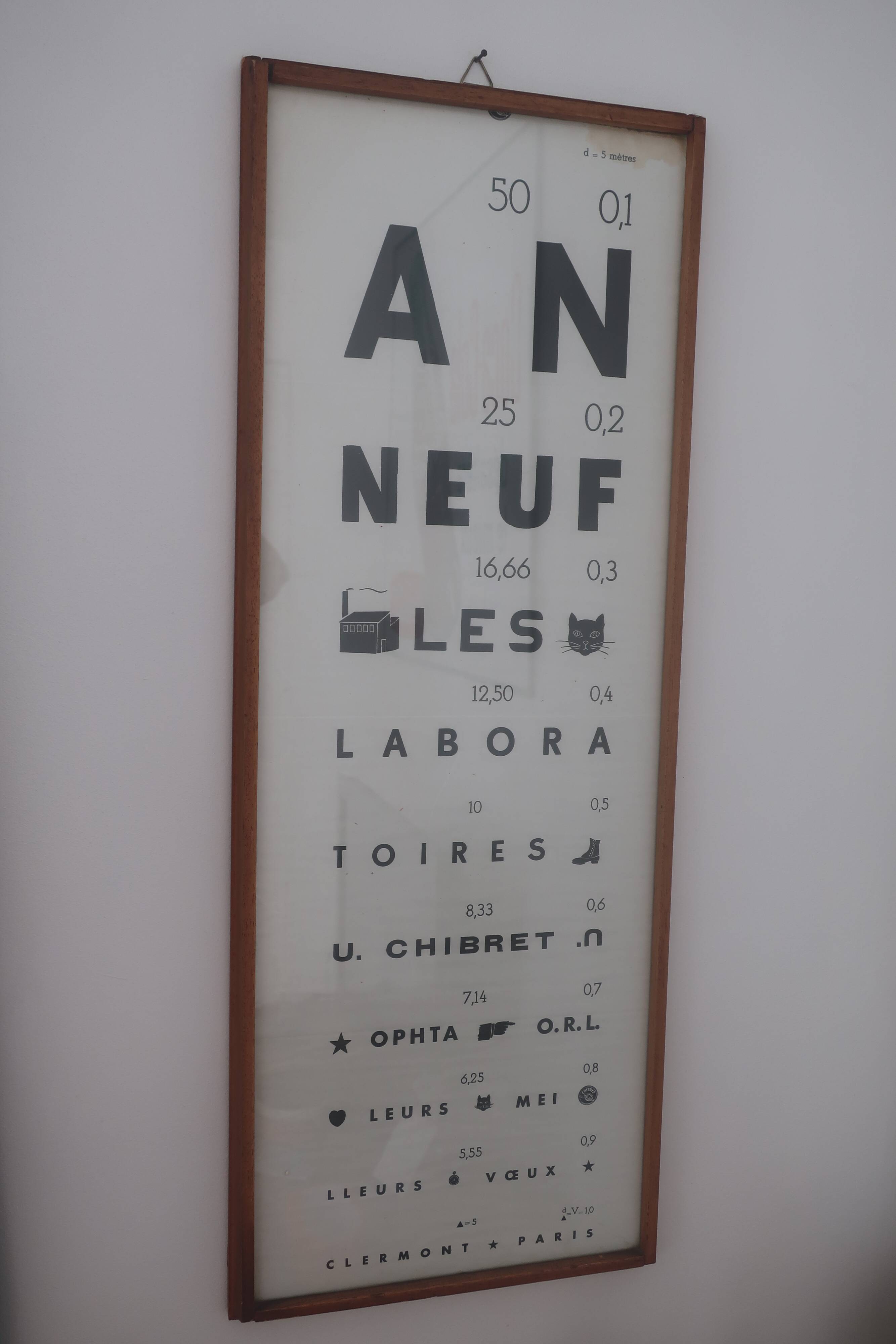 Old optical advertising poster, monoyer scale, framed