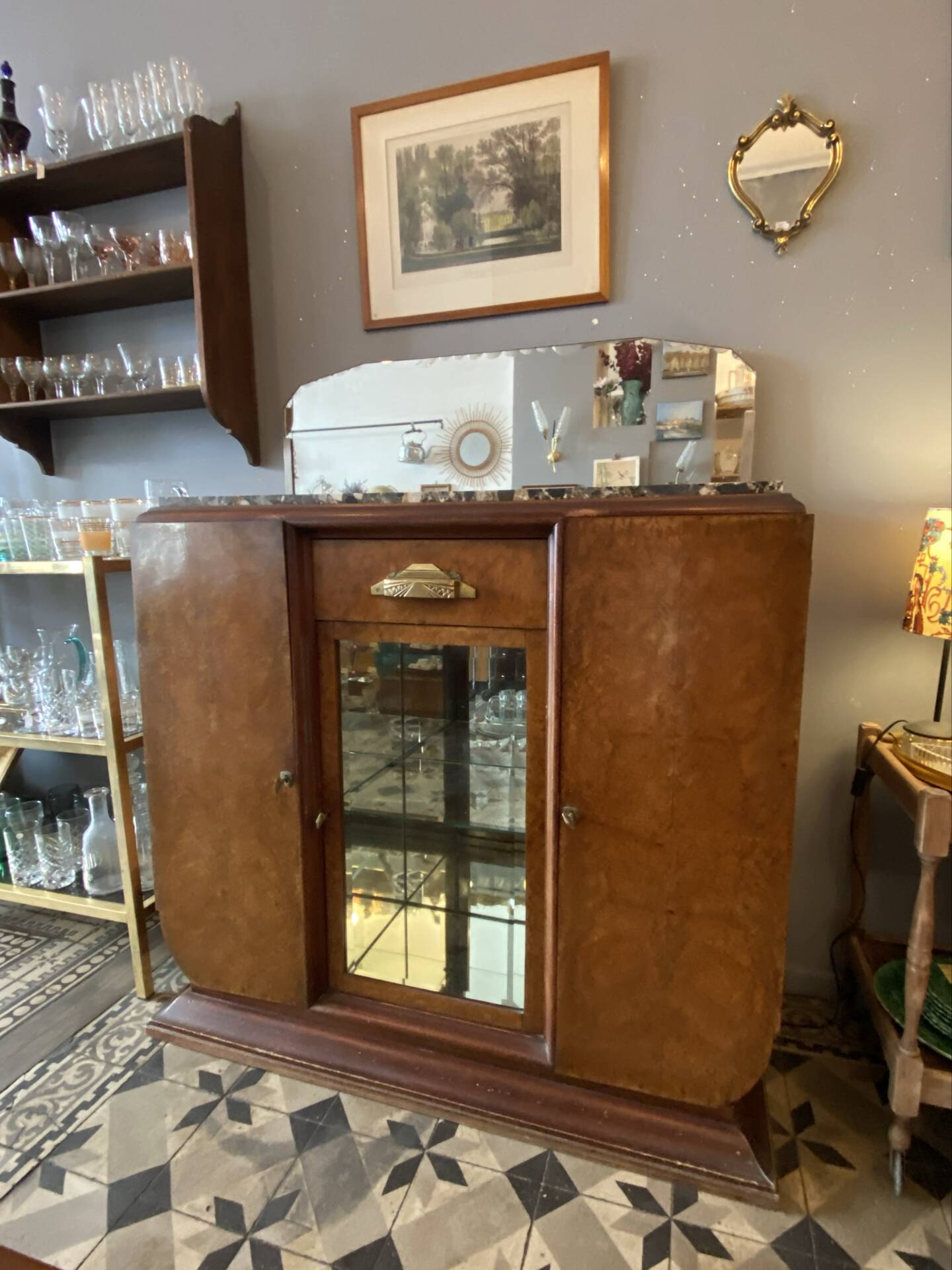 Art Deco wooden sideboard with mirror and marble