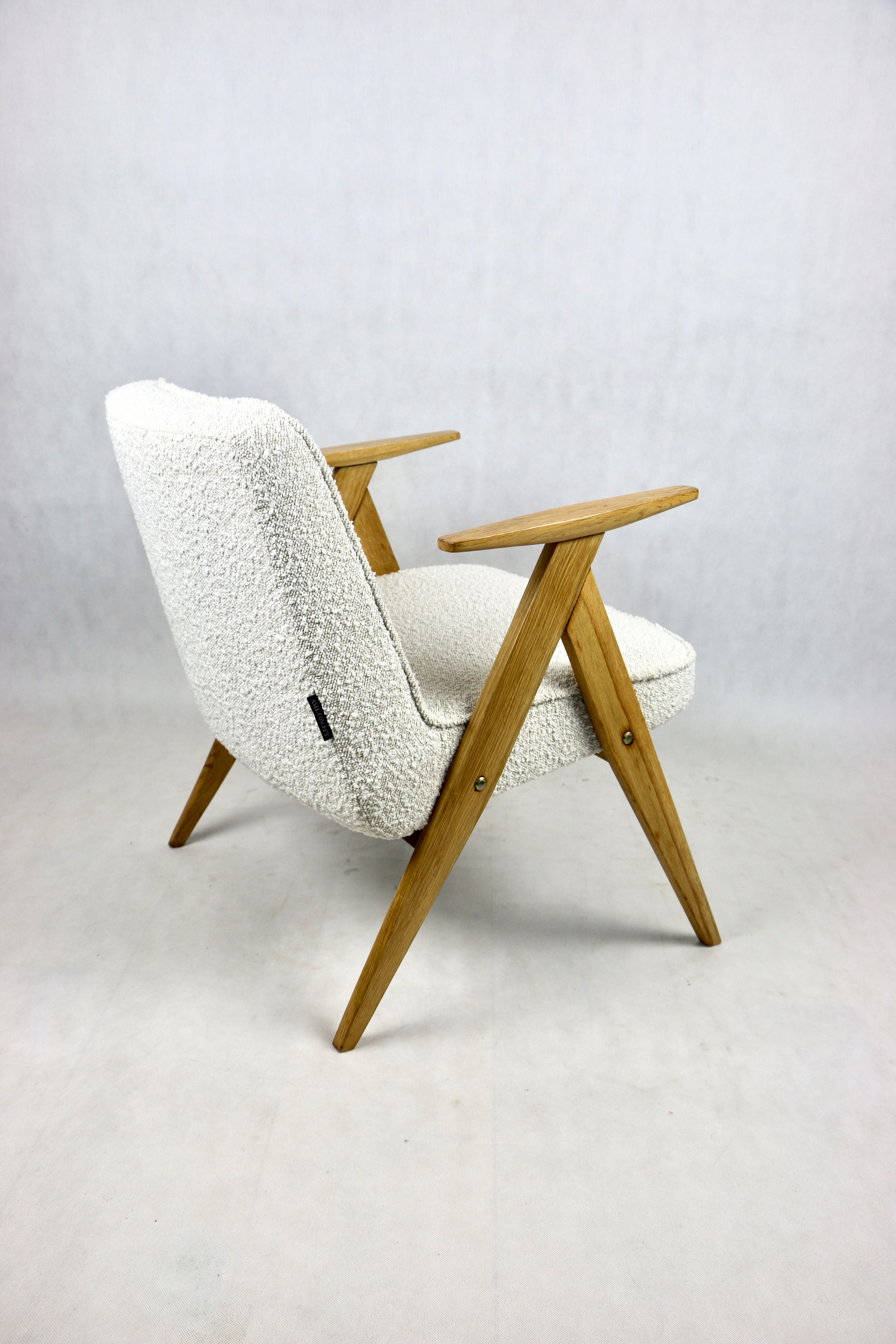 Pearl Boucle & Oak Armchair by Józef Chierowski, 1970s