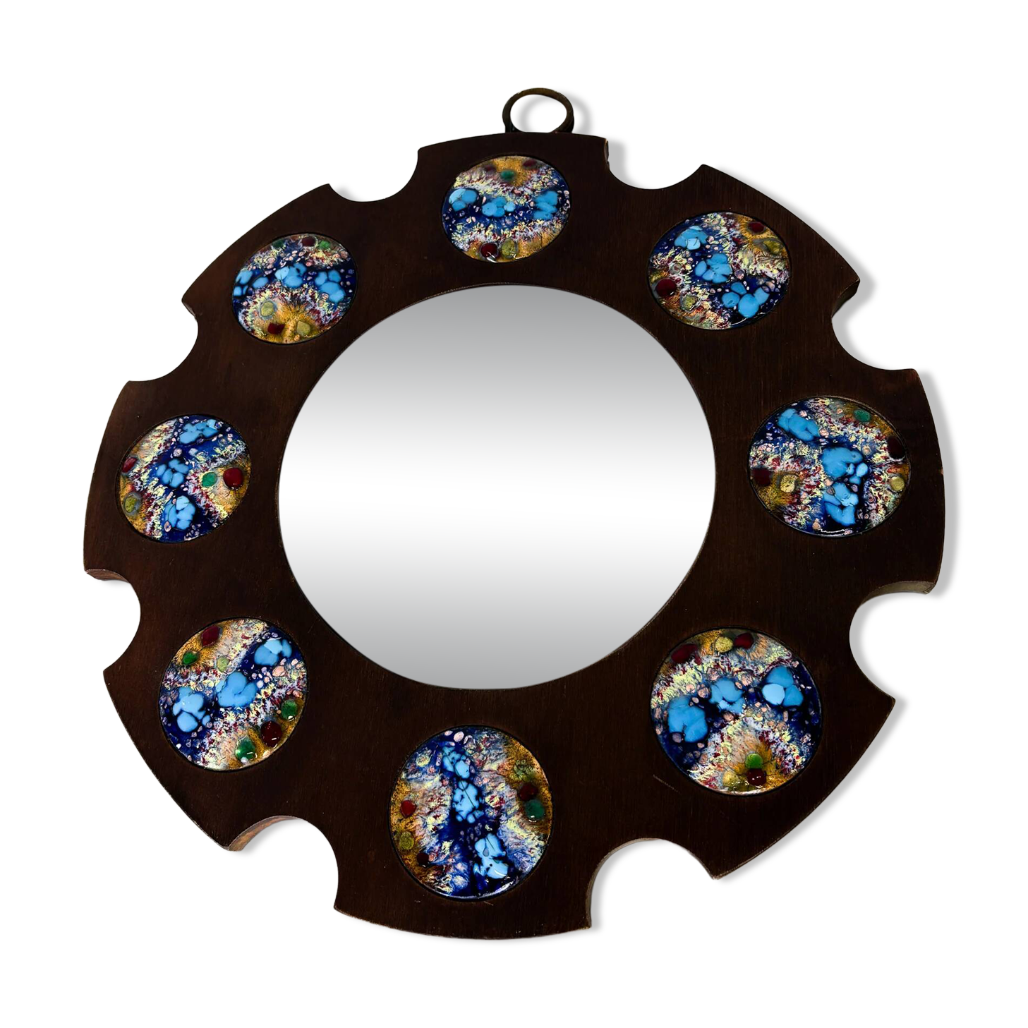 Modernist wood and enamel mirror by J. Capo Esmaltes, Spain, 1970s