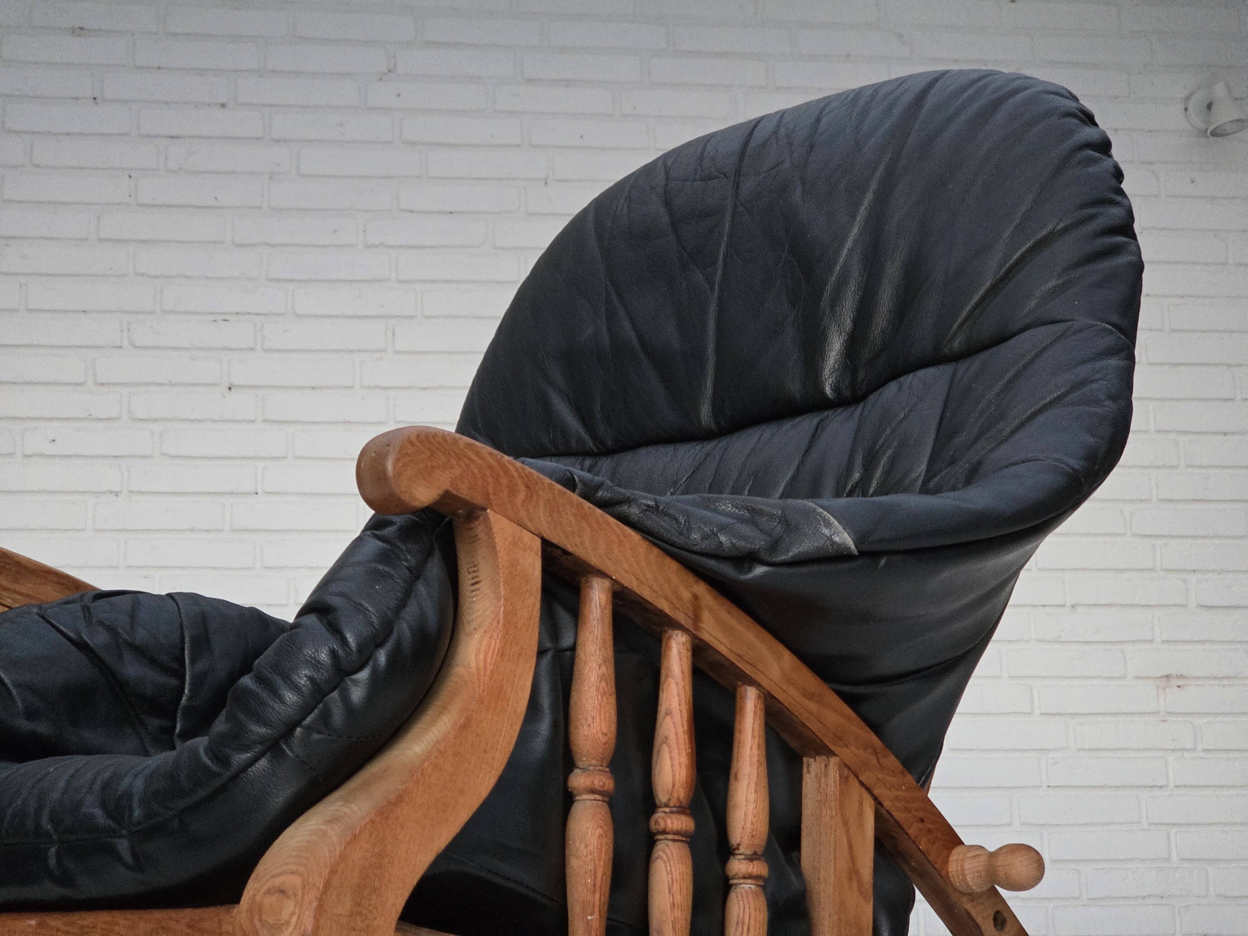 1950s, vintage adjustable armchair, black leather, ash wood.