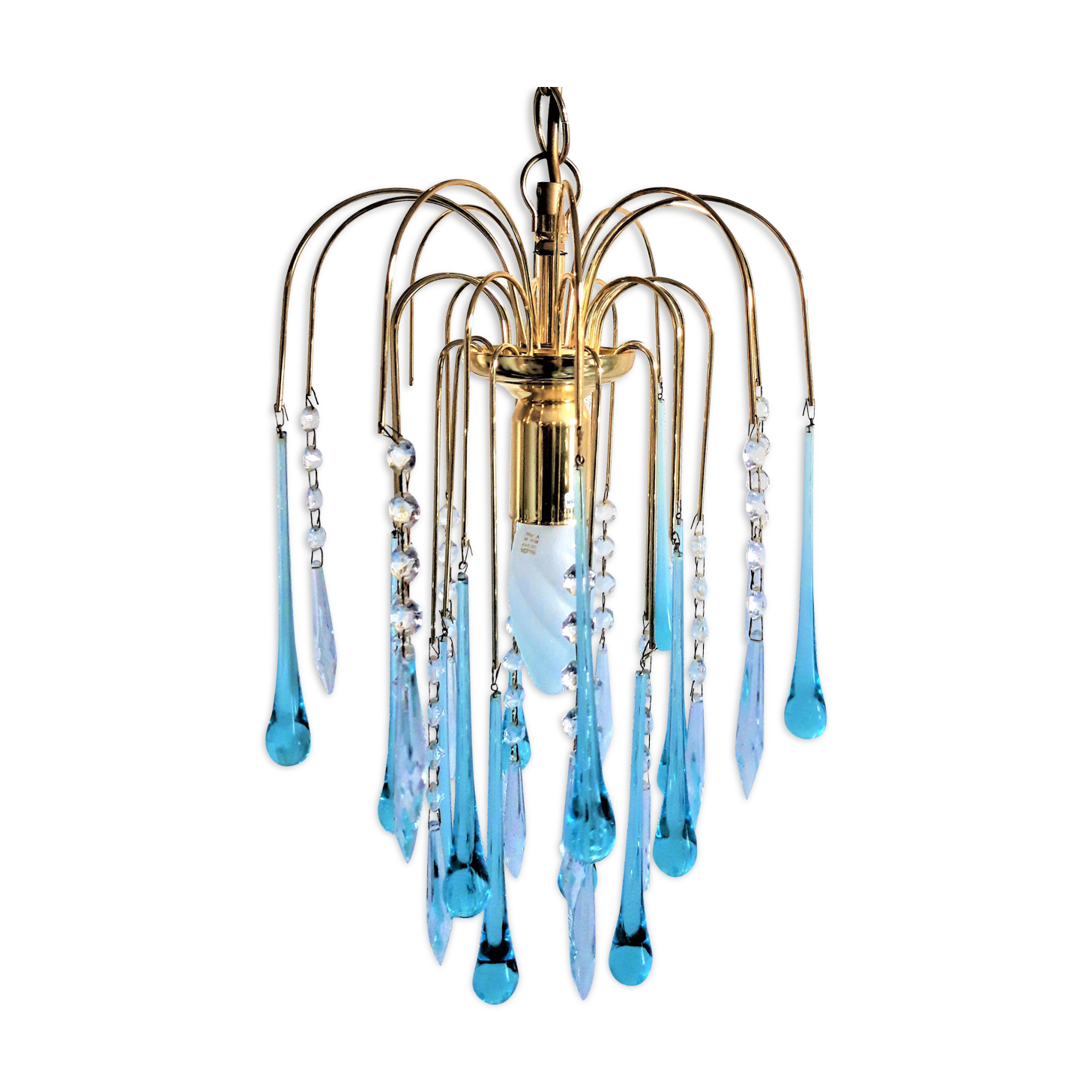 An ancient chandelier with blue tassels