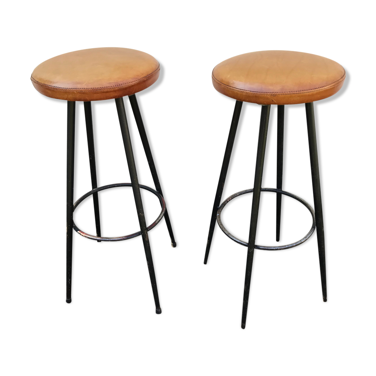 Paire de tabourets de bar assise cuir vintage 1950-60