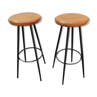 Pair of vintage leather seat bar stools 1950-60