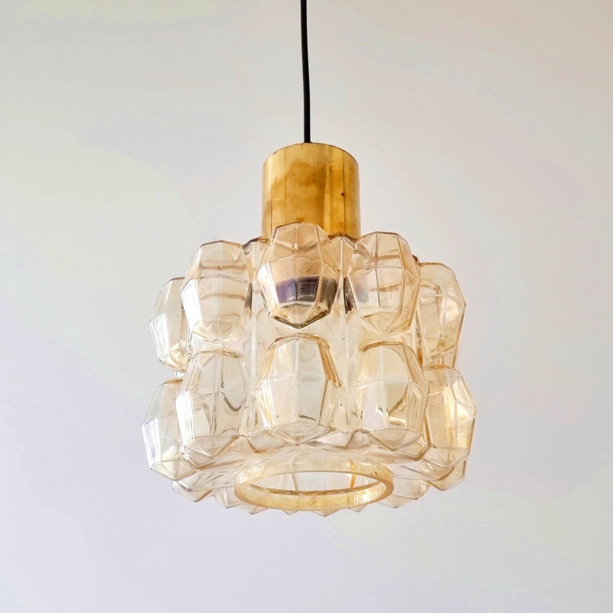 Large Amber Diamond Glass Ceiling Light/Pendant by Helena Tynell for Limburg, Germany, 1960s