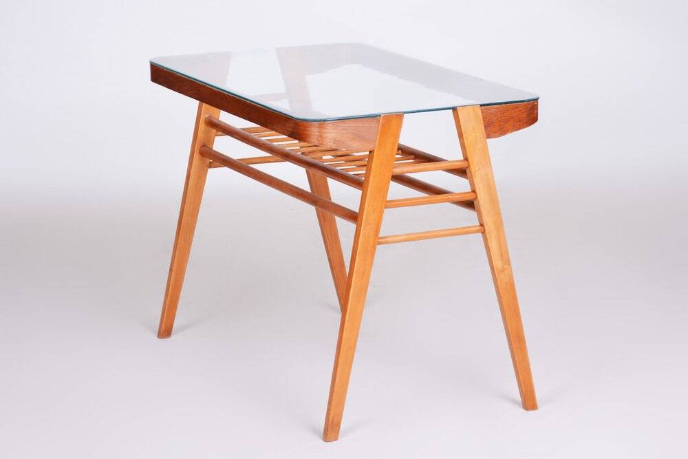 Mid-Century Console Table in Oak, Glass, Czech, 1950s