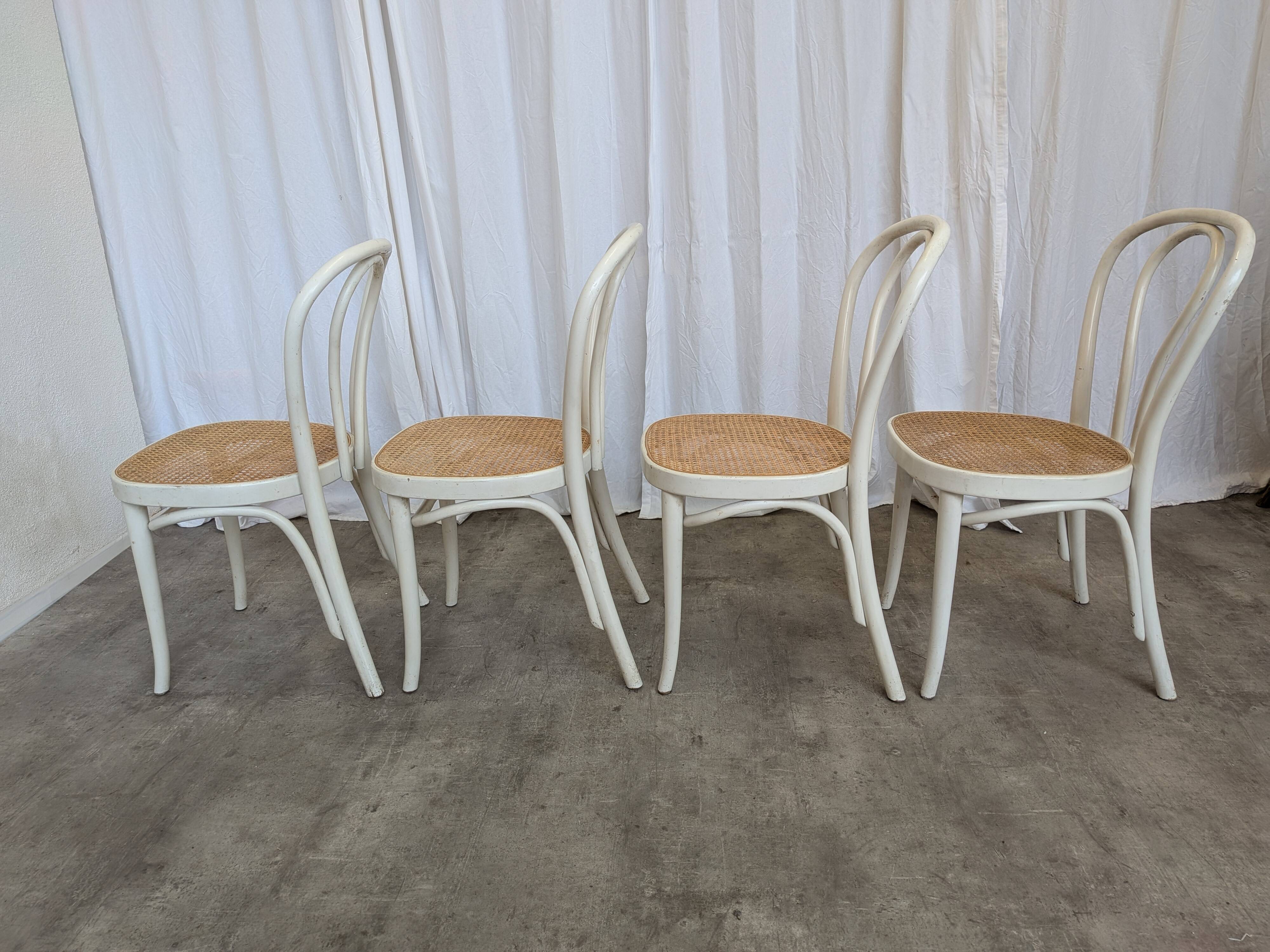 Set of 4 Vintage Thonet Style Dining Chairs: White Wood & Cane Seat