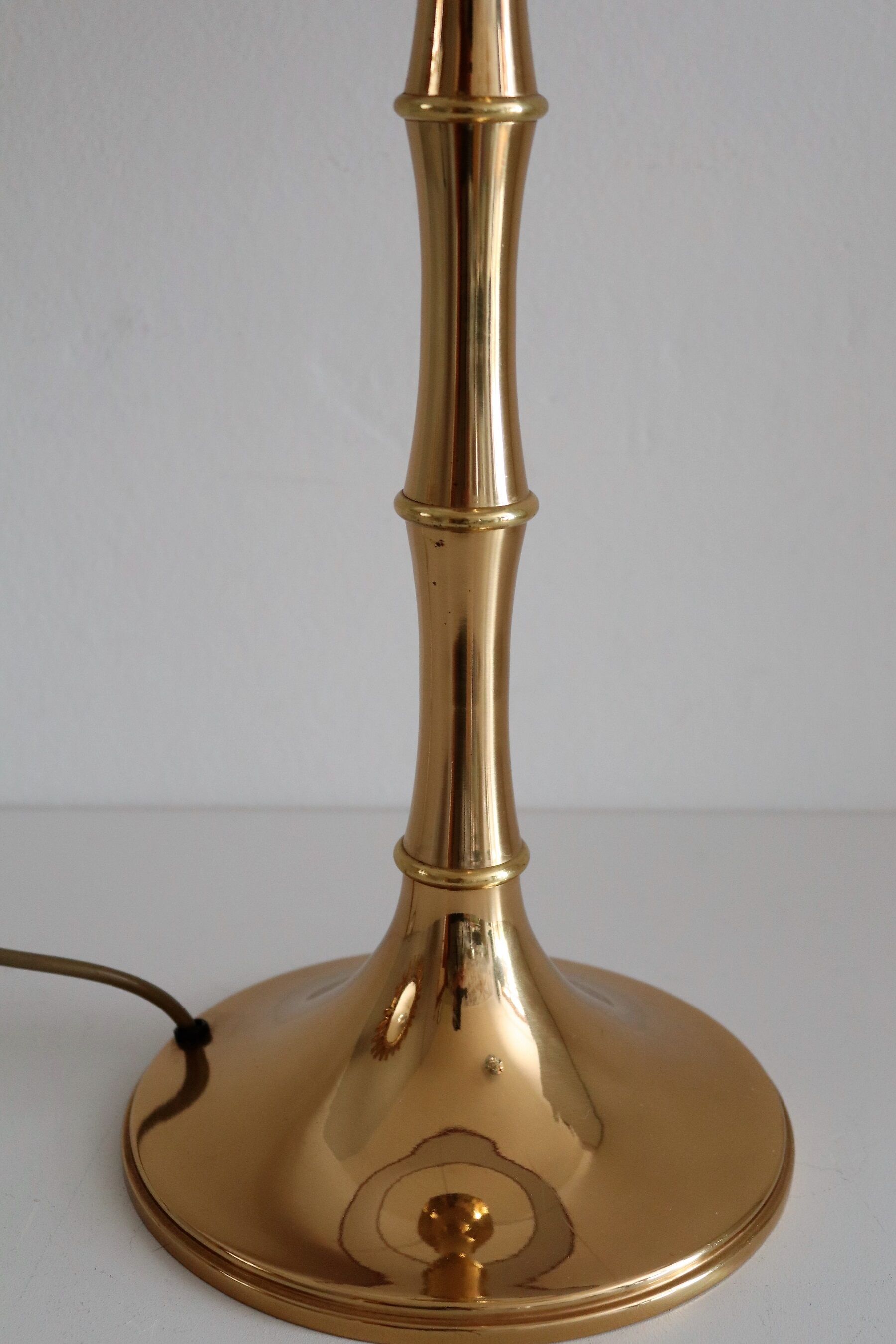 Brass bamboo table lamp by Ingo Maurer with velvet lampshade, 1960