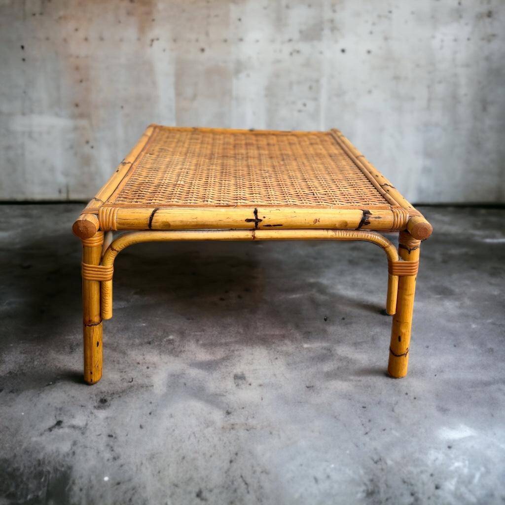 VINTAGE BAMBOO SQUARE COFFEE TABLE / COFFEE TABLE WITH RATTAN