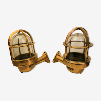 Pair of mid-century brass and glass wall lights reclaimed nautical 1950s