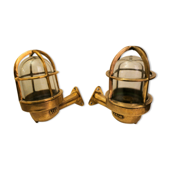 Pair of mid-century brass and glass wall lights reclaimed nautical 1950s