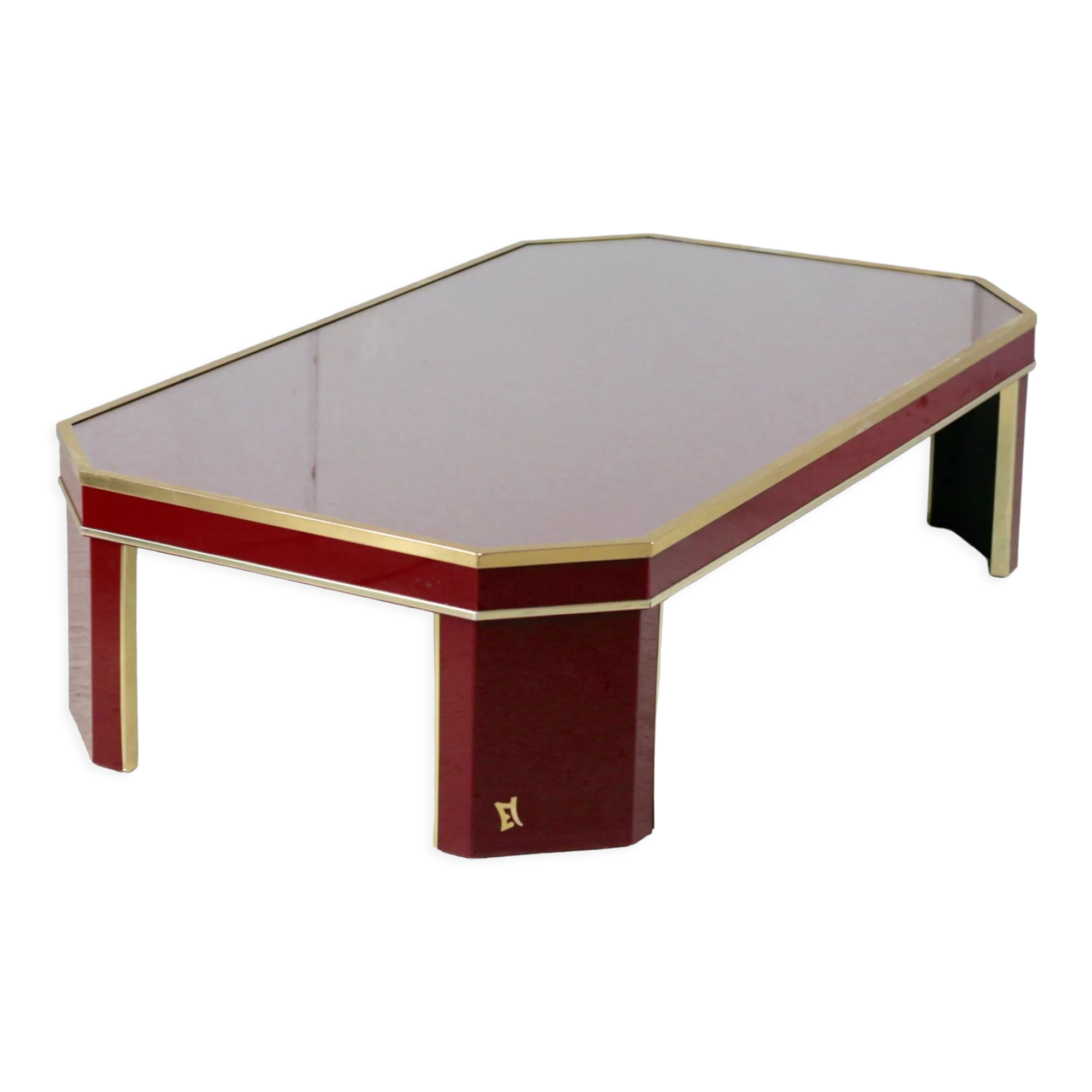 Coffee table Eric Maville glass brass plexiglass wood France, 70s. Small scratches. small