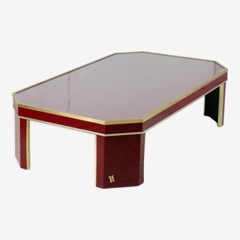 Eric Maville coffee table. Glass, brass, plexiglass, wood. France, 70s.  Small stripes. Peti