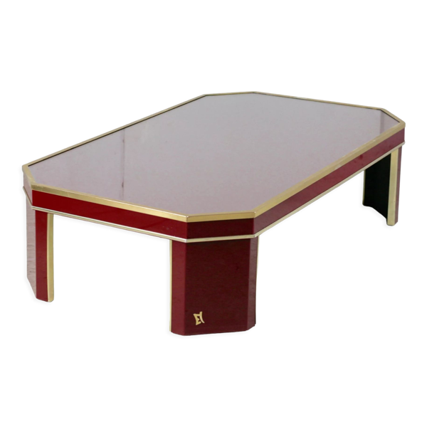 Table basse Eric Maville verre laiton plexiglass bois France , années 70. Petites rayures. peti