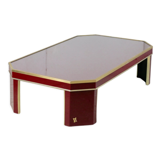 Eric Maville coffee table. Glass, brass, plexiglass, wood. France, 70s.  Small stripes. Peti