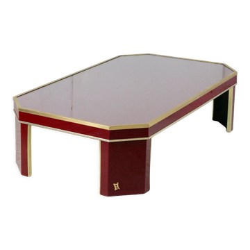 Coffee table Eric Maville glass brass plexiglass wood France, 70s. Small scratches. small