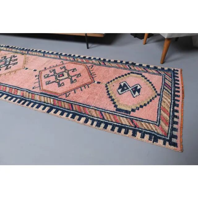 Vintage Turkish Oushak handmade wool cotton pink runner rug 81x368
