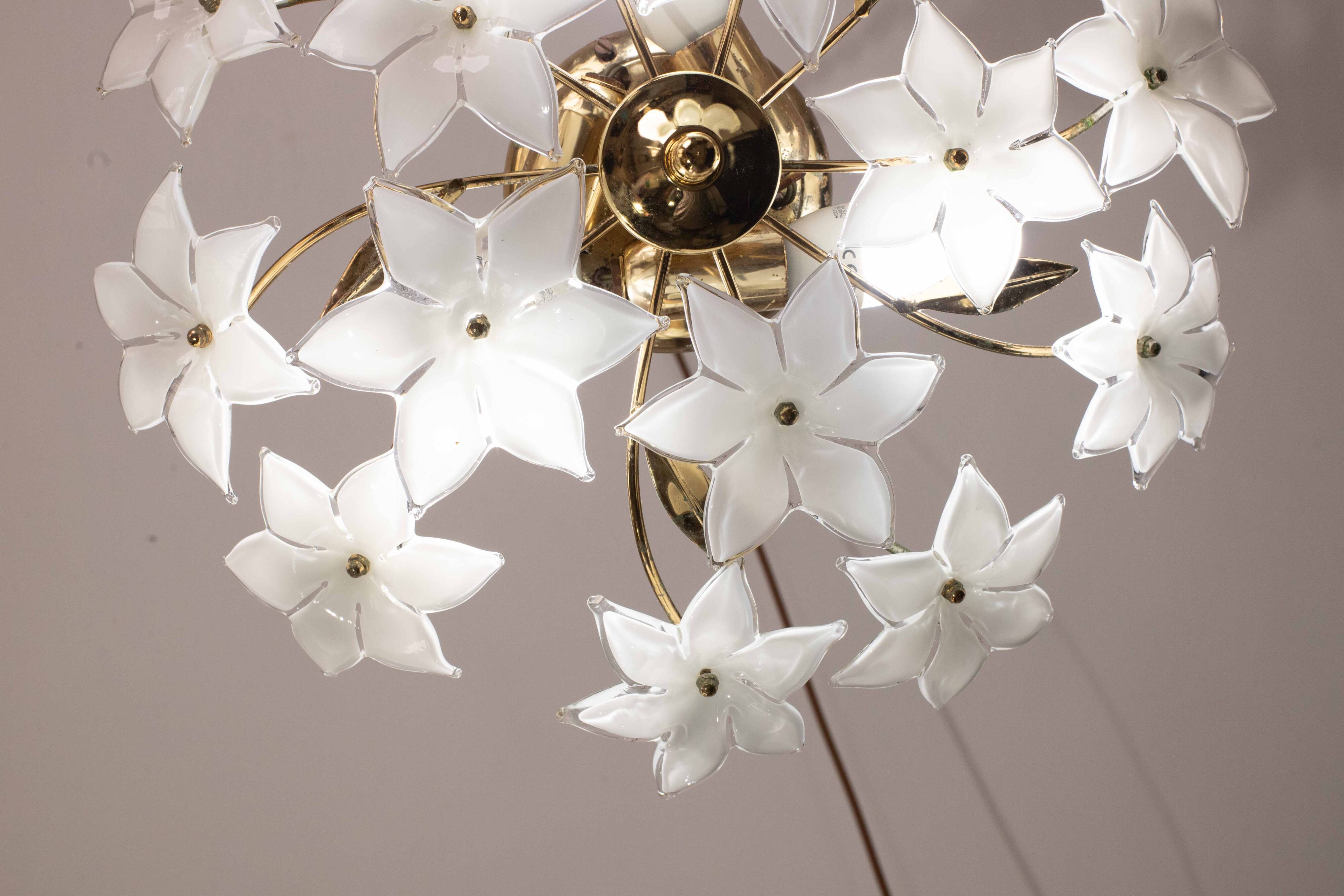 Charming Vintage Murano Ceiling Light White Flowers, 1960s