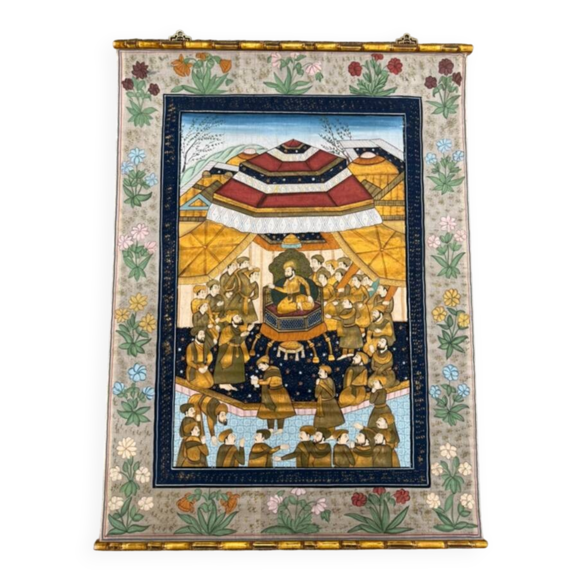 Large Persian painting on silk - large decorative hanging - scene of