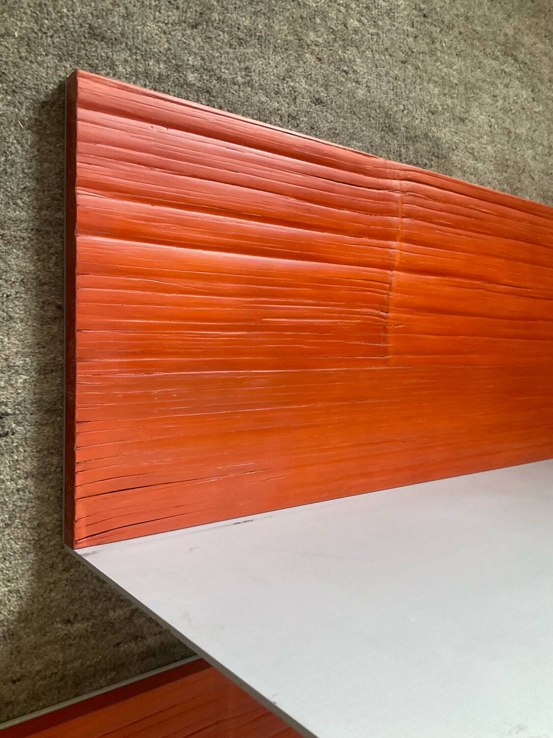 Pair of contemporary wall shelves in steel and stained wood