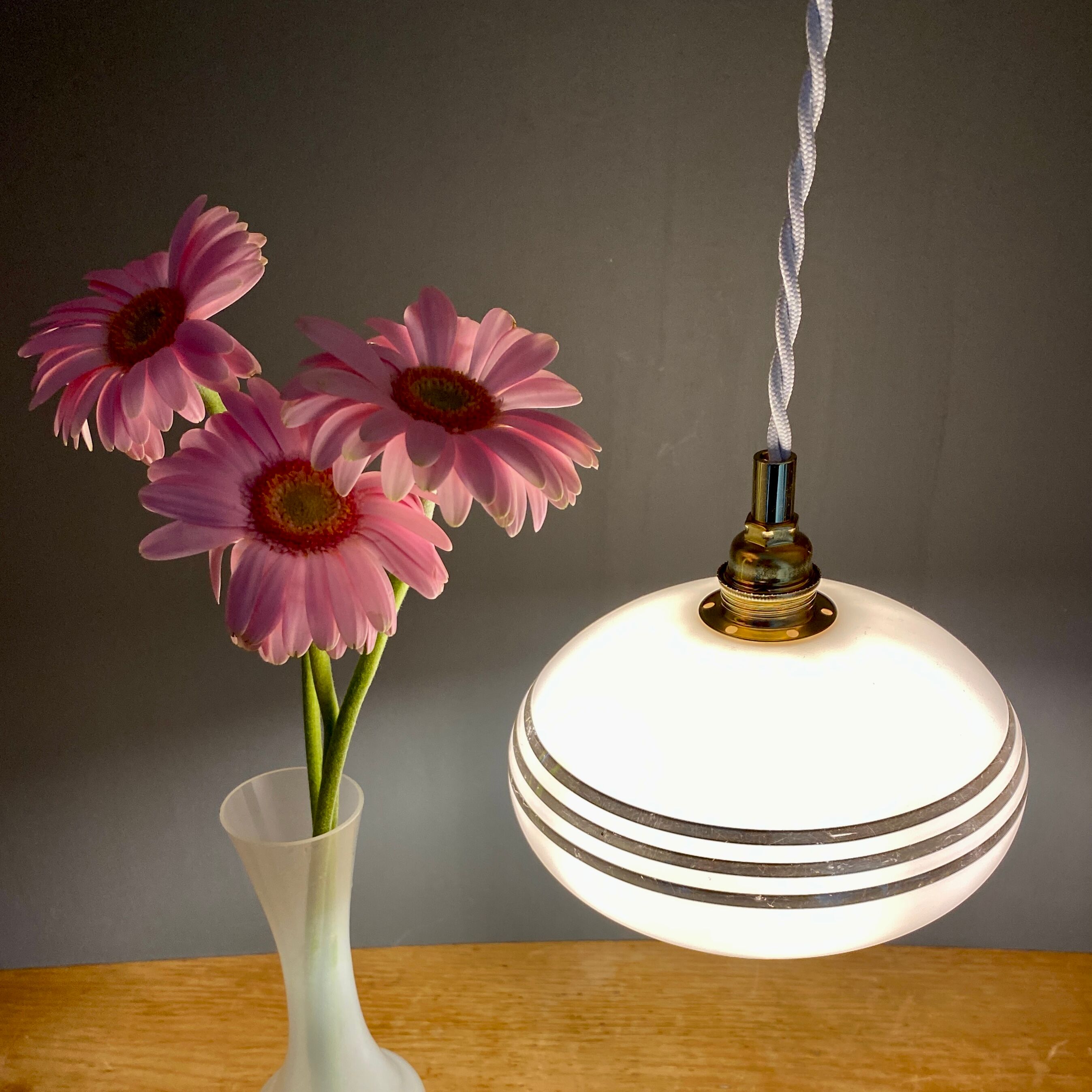 Vintage lamp in pale pink opaline and silver edging