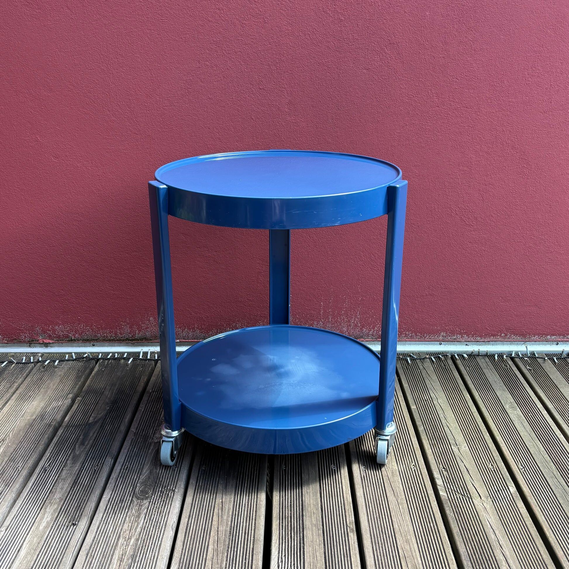 Space-age navy blue rolling dessert trolley
