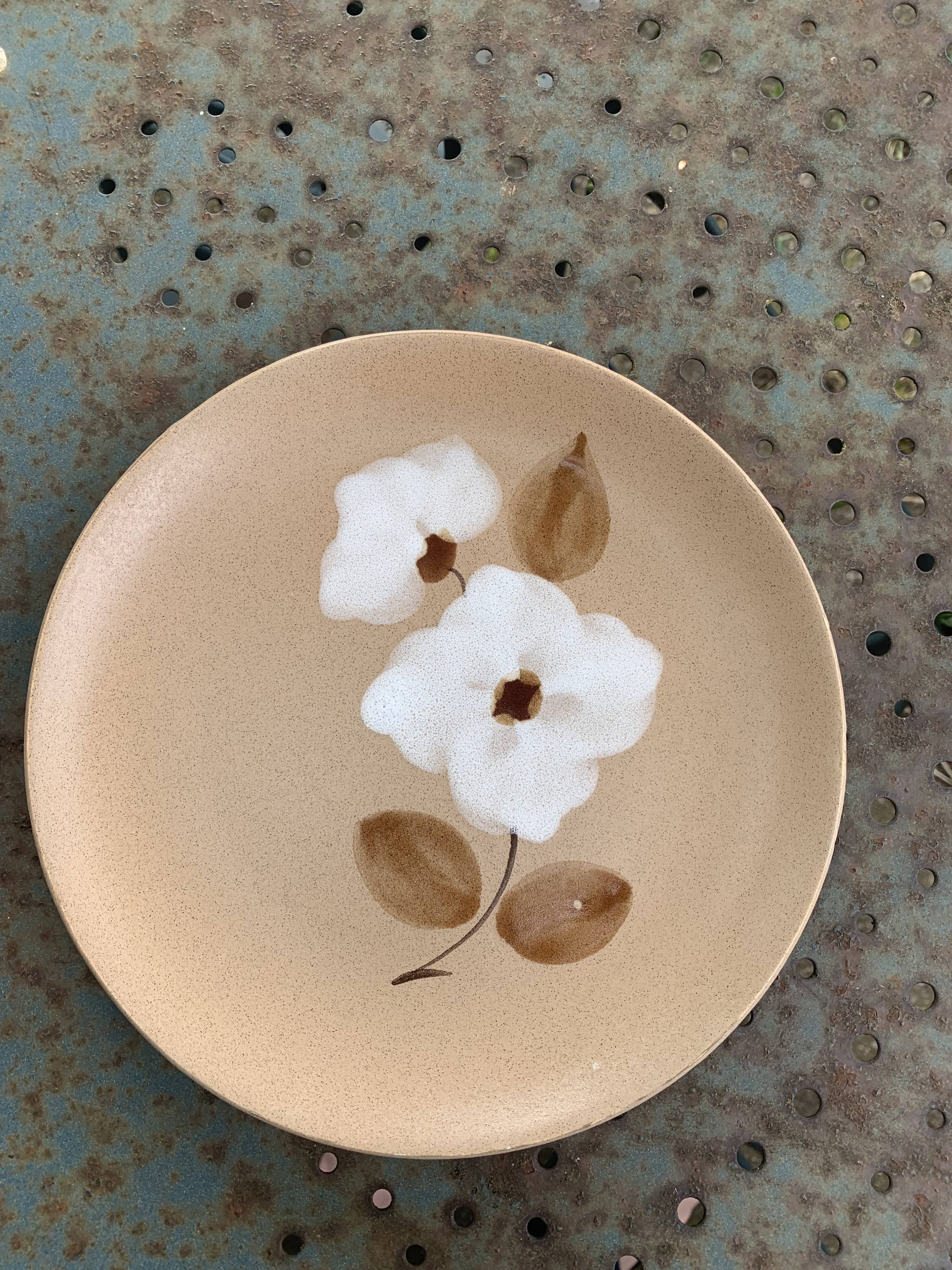 5 small stoneware dessert plates, handmade, moulin des loups, flower pattern, made in france