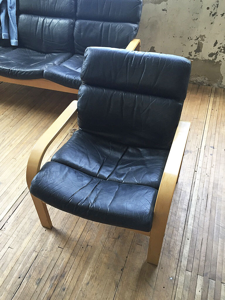 Danish sofa and armchairs curved wood and leather