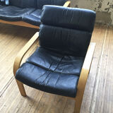 Danish sofa and armchairs curved wood and leather